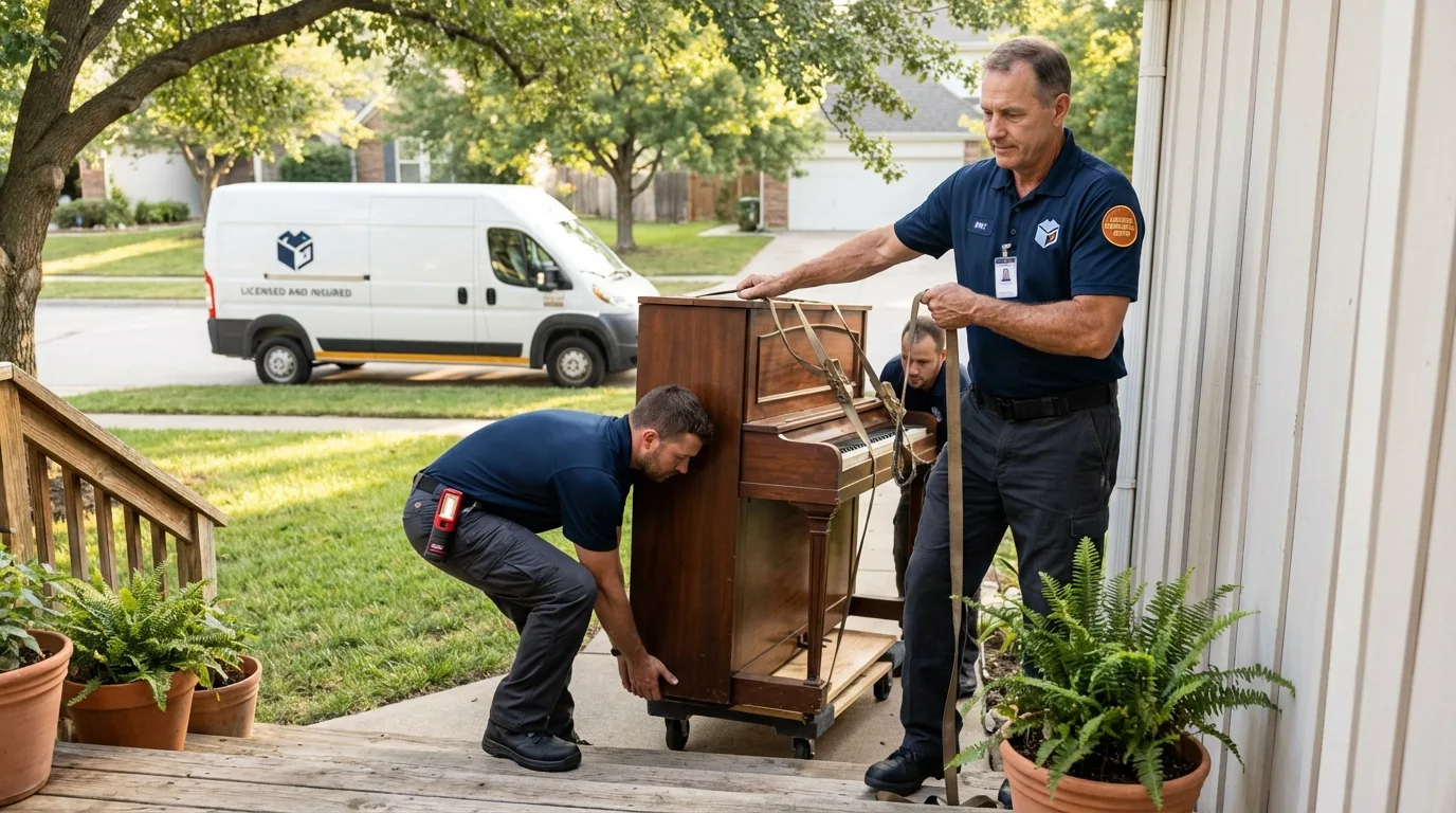 Licensed piano movers securing grand piano in Breckenridge, MI