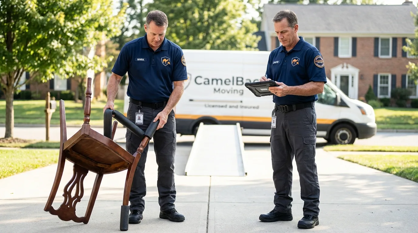 Movers inspecting furniture for damage prevention before loading in Breckenridge, MI