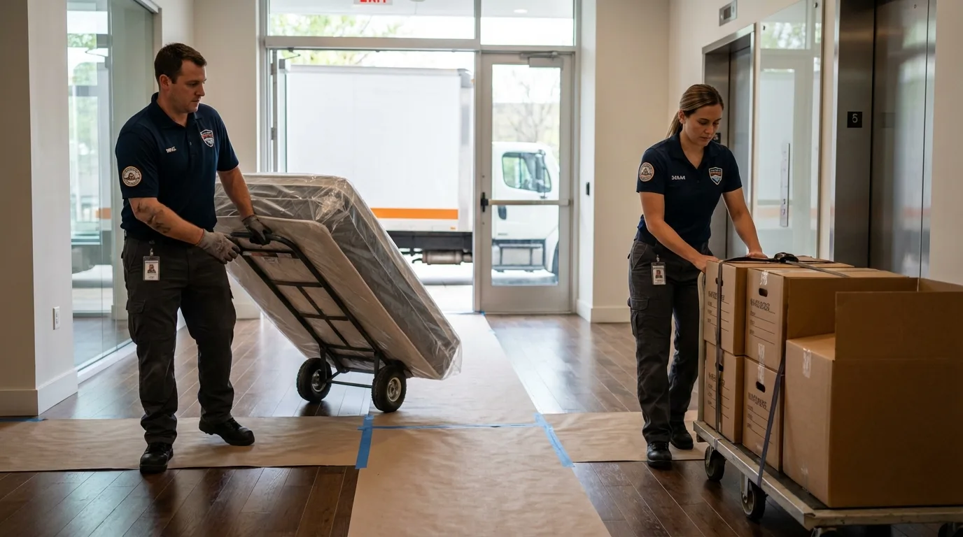 Professional apartment movers loading elevator in Breckenridge, MI